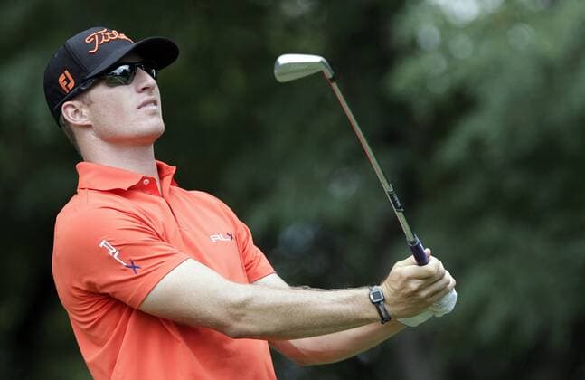 Morgan Hoffmann hits a his tee shot on the second hole in the final round at The Barclays at Ridgewood Country Club in Paramus, NJ on August 24, 2014. The Barclays this year returns to the Championship Course at the historic Ridgewood Country Club, site of The Barclays 2008 and 2010 championship.  NYP20140824110
