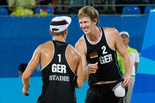 24.08.2014, Nanjing, Youth Olympic Sports Park Youth Olympic Games 2014, Vorrunde Jubel Eric Stadie (GER), Niklas Rudolf (GER) nach dem Sieg
