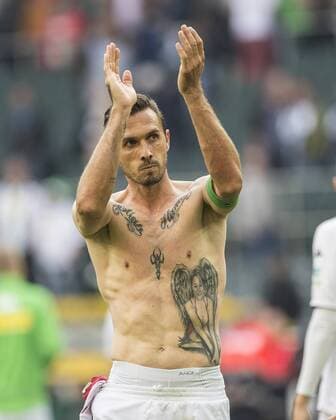 Martin STRANZL (MG) Gestik, Geste, klatscht, klatschend, Tattoo, Fussball 1. Bundesliga, 1. Spieltag, Borussia Mönchengladbach (MG) - VfB Stuttgart (S) 1:1, am 24.08.2014 in Mönchengladbach Deutschland.