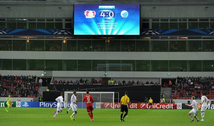 Championsleague Qualifikation: Bayer 04 Leverkusen - FC Kopenhagen 27.08.2014. Die Anzeigetafel in der BayArena mit dem Endergebnis 4:0. HM