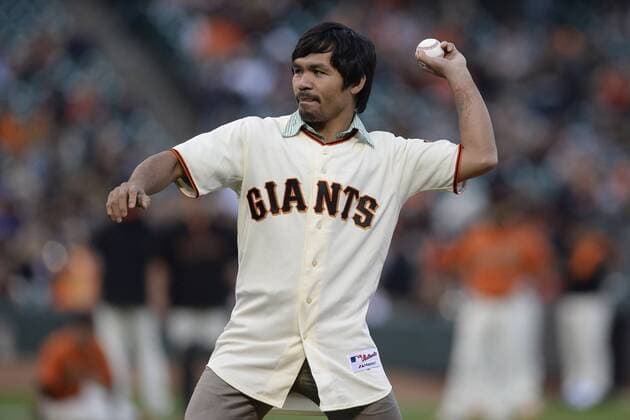 Aug. 29, 2014 - San Francisco, CA, USA - Boxer Manny Pacquiao throws out the ceremonial first pitch before a game between the San Francisco Giants and the Milwaukee Brewers at AT&T Park in San Francisco, Calif., on Friday, Aug. 29, 2014. Milwaukee at San Francisco - ZUMAm67