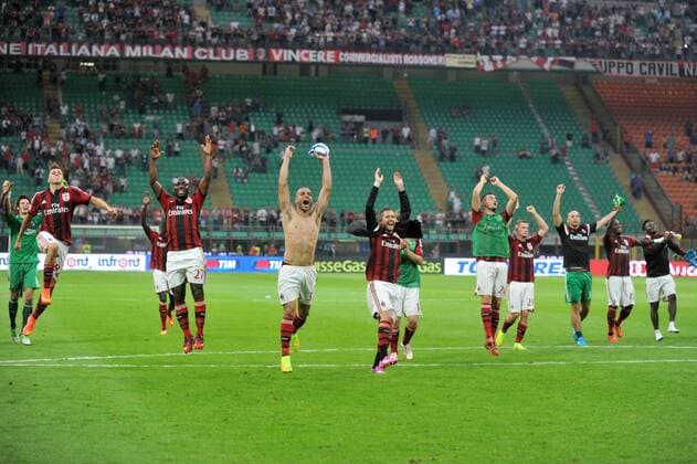 L-R: STEPHAN EL SHAARAWY, PABLO ARMERO, ALEX, JEREMY MENEZ, BRYAN CRISTANTE, IGNAZIO ABATE, CHRISTIAN ABBIATI, MICHAEL ESSIEN, SULLEY MUNTARI - Serie A 2014 2015 - AC Milan -