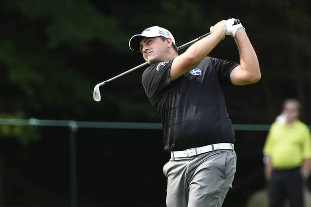 Aug. 31, 2014 - Norton, Massachusetts, USA - August 31, 2014 - Norton, Mass. - Chris Stroud watches the flight of his ball on the 4th hole during the third round of the PGA Golf Herren FedEx Cup playoffs, Deutsche Bank Championship, held at the Tournament Players Club in Norton Massachusetts. Eric Canha CSM Golf 2014: Deutsche Bank Championship AUG 31 - ZUMAc04