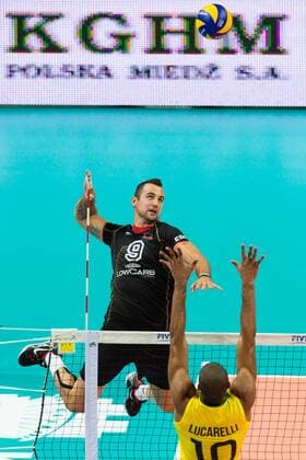 01.09.2014, Spodek, Kattowitz Volleyball, FIVB Volleyball Men s World Championsship 2014, Deutschland (GER) vs. Brasilien Angriff Georg György Gyoergy Grozer ( 9 GER) - Block Ricardo Lucarelli Santos ( 10 BRA)