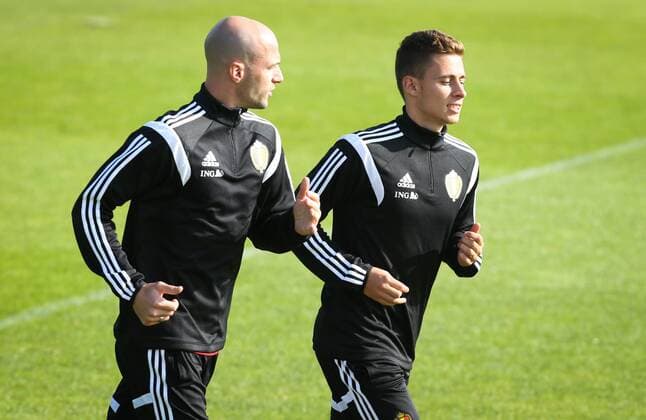 20140901 - BRUSSELS, BELGIUM: Belgium s Laurent Ciman and Belgium s Thorgan Hazard pictured during a training session of Belgian national soccer team Red Devils, Monday 01 September 2014, in Brussels. Belgium will play a friendly match against the Australian national soccer team on Thursday. VIRGINIExLEFOUR  premiumd Highlight 04295542