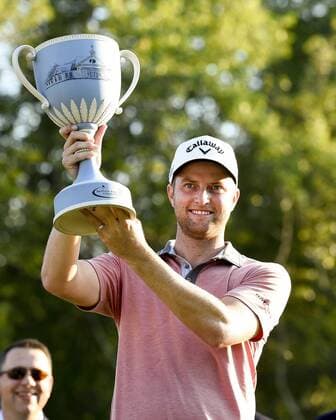 Sept. 1, 2014 - Norton, Massachusetts, USA - September 1, 2014 - Norton, Mass. - Chris Kirk hoists the championship cup after winning the PGA Golf Herren Deutsche Bank Championship, part of the FexEx Cup playoffs held at the Tournament Players Club in Norton Massachusetts. Eric Canha CSM Golf 2014: Deutsche Bank Championship SEP 01 - ZUMAc04