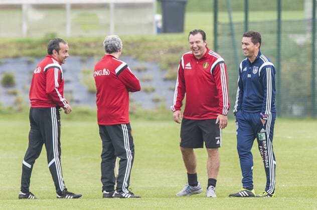 Anderlecht , Belgium September 02 2014 Football Belgian Red Devils Training Red Devils in Neerpede On this picture : Marc Wilmots Besnik Hasi MichelxGouverneur 