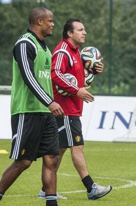 Anderlecht , Belgium September 02 2014 Football Belgian Red Devils Training Red Devils in Neerpede On this picture : Vincent Kompany Marc Wilmots MichelxGouverneur 