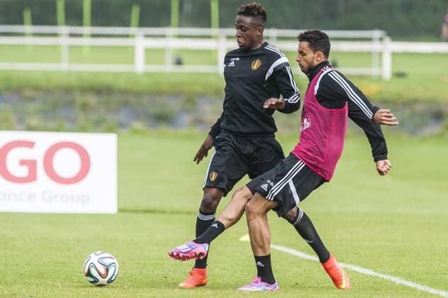 Anderlecht , Belgium September 02 2014 Football Belgian Red Devils Training Red Devils in Neerpede On this picture : Divock Origi Nacer Chadli MichelxGouverneur 