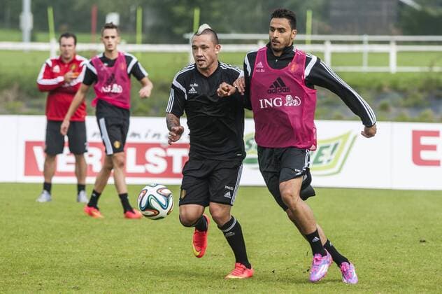 Anderlecht , Belgium September 02 2014 Football Belgian Red Devils Training Red Devils in Neerpede On this picture : Radja Nainggolan Nacer Chadli MichelxGouverneur 