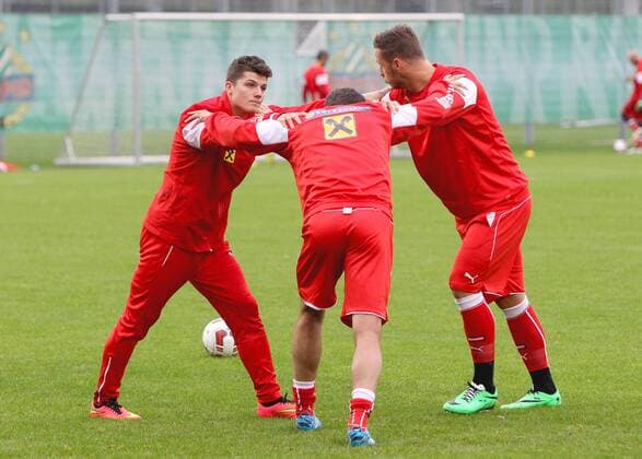 SOCCER - UEFA EURO 2016 quali, AUT vs SWE, preview VIENNA,AUSTRIA,02.SEP.14 - SOCCER - UEFA European Championship 2016, qualification, OEFB international match, Austria vs Sweden, preview, training. Image shows Marcel Sabitzer, Gyoergy Garics and Marko Arnautovic (AUT).