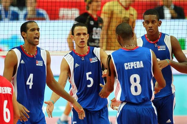 03.09.2014 KATOWICE , VOLLEYBALL , FIVB MEN S VOLLEYBALL WORLD CHAMPIONSHIP 2014 GAME CUBA - GERMANY: vl LEANDRO MACIAS INFANTE , SCULL JIMENEZ JAVIER ERNESTO , ROLANDO CEPEDA ABREU , FIEL RODRIGUEZ DAVID  20140903CSJP3021