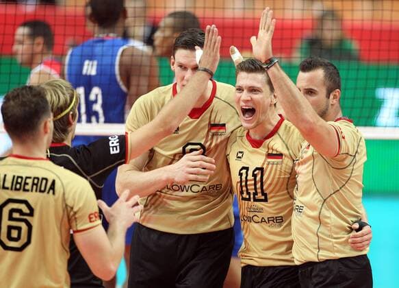 03.09.2014 - Katowice . Volleyball WM 2014: Gruppe B: Kuba (blau) vs Deutschland: Sebastian Schwarz , Lukas Kampa , Georg Grozer.  140903DAM019