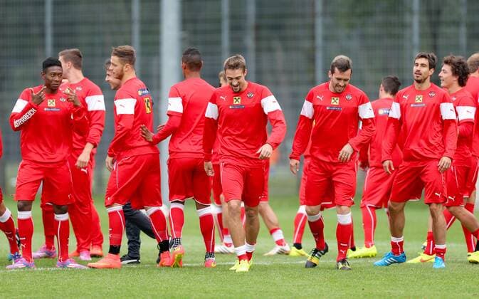 SOCCER - UEFA EURO 2016 quali, AUT vs SWE, preview VIENNA,AUSTRIA,03.SEP.14 - SOCCER - UEFA European Championship 2016, qualification, ÖFB international match, Austria vs Sweden, preview, training national team AUT. Image shows David Alaba, Marko Arnautovic, Rubin Okotie, Stefan Ilsanker, Christian Fuchs, György Garics and Jukian Baumgartlinger (AUT).