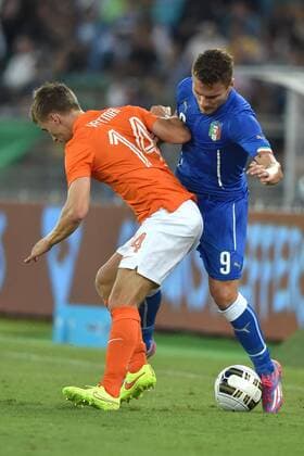 Joel Veltman Netherlands, Ciro Immobile (ITA) Bari 04-09-2014 Stadio San Nicola Football friendly match Italy - Netherlands . andreaxstaccioli