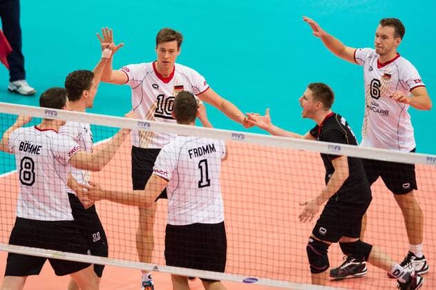 05.09.2014, Spodek, Kattowitz Volleyball, FIVB Volleyball Men s World Championship 2014, Deutschland (GER) vs. Tunesien (TUN) Jubel Marcus Böhme Boehme ( 8 GER), Lukas Kampa ( 11 GER), Jochen Schöps Schoeps ( 10 GER), Christian Fromm ( 1 GER), Markus Steuerwald ( 2 GER), Denis Kaliberda ( 6 GER)