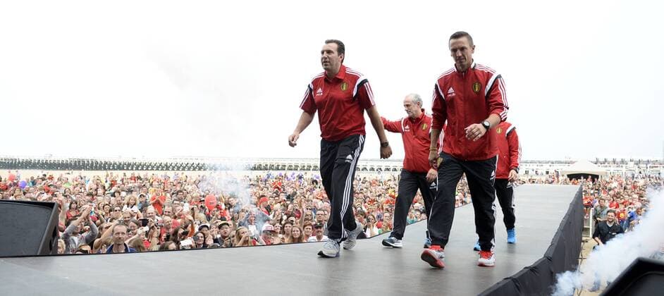 - OOSTENDE, BELGIUM: Belgium s head coach Marc Wilmots and Belgium s goalkeeper coach Erwin Lemmens pictured during a fan day of Belgian national soccer team Red Devils, Saturday 06 September 2014, in Oostende. YORICKxJANSENS  premiumd 04309230