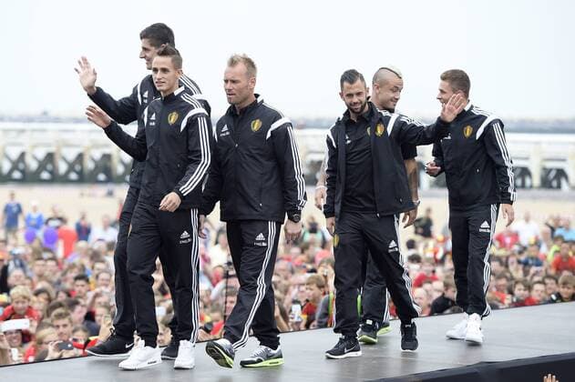 - OOSTENDE, BELGIUM: Belgium s goalkeeper Thibaut Courtois, Belgium s Adnan Januzaj, Belgium s goalkeeper Jean-Francois Gillet, Belgium s Steven Defour, Belgium s Radja Nainggolan and Belgium s Thorgan Hazard pictured during a fan day of Belgian national soccer team Red Devils, Saturday 06 September 2014, in Oostende. YORICKxJANSENS  premiumd 04309285