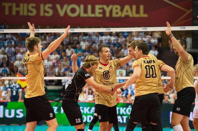 06.09.2014, Spodek, Kattowitz Volleyball, FIVB Volleyball Men s World Championship 2014, Deutschland (GER) vs. Finnland (FIN) Jubel Sebastian Schwarz ( 3 GER), Ferdinand Tille ( 12 GER), Denis Kaliberda ( 6 GER), Max Günthör Guenthoer ( 16 GER), Lukas Kampa ( 11 GER), Georg György Gyoergy Grozer ( 9 GER)