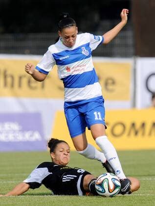 07.09.2014, xfux, Fussball 1.Bundesliga Damen, 1.FFC Frankfurt - MSV Duisburg, v.l. Celia Sasic (1.FFC Frankfurt), Sofia Nati (MSV Duisburg)