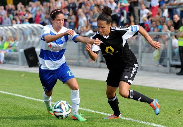 07.09.2014, xfux, Fussball 1.Bundesliga Damen, 1.FFC Frankfurt - MSV Duisburg, v.l. Marina Himmighofen (MSV Duisburg), Celia Sasic (1.FFC Frankfurt)