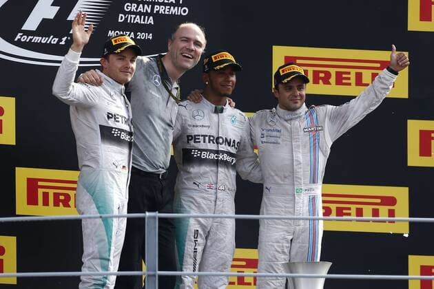 Motorsports: FIA Formula One World Championship 2014, Grand Prix of Italy, 6 Nico Rosberg (GER, Mercedes AMG Petronas F1 Team), 44 Lewis Hamilton (GBR, Mercedes AMG Petronas F1 Team), 19 Felipe Massa (BRA, Williams Martini Racing), xHOCHxZWEIx