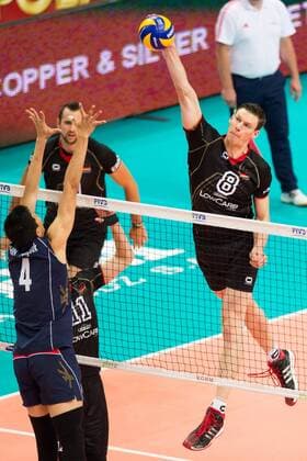 07.09.2014, Spodek, Kattowitz Volleyball, FIVB Volleyball Men s World Championship 2014, Deutschland (GER) vs. Korea (KOR) Block Yung-Suk Shin ( 4 KOR) - Angriff Marcus Böhme Boehme ( 8 GER)