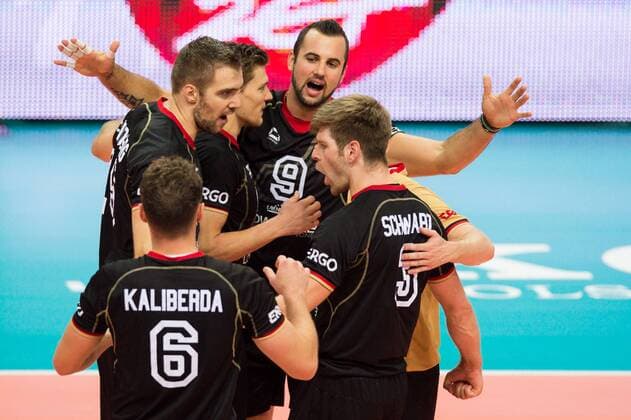 07.09.2014, Spodek, Kattowitz Volleyball, FIVB Volleyball Men s World Championship 2014, Deutschland (GER) vs. Korea (KOR) Jubel Denis Kaliberda ( 6 GER), Tim Broshog ( 15 GER), Lukas Kampa ( 11 GER), Georg György Gyoergy Grozer ( 9 GER), Markus Steuerwald ( 2 GER), Sebastian Schwarz ( 3 GER)