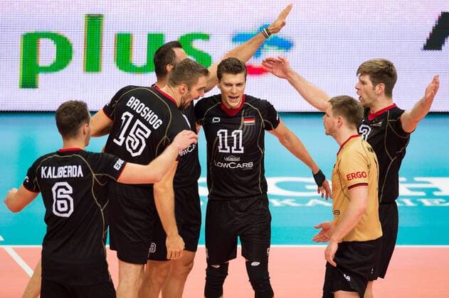 07.09.2014, Spodek, Kattowitz Volleyball, FIVB Volleyball Men s World Championship 2014, Deutschland (GER) vs. Korea (KOR) Jubel Denis Kaliberda ( 6 GER), Tim Broshog ( 15 GER), Georg György Gyoergy Grozer ( 9 GER), Lukas Kampa ( 11 GER), Markus Steuerwald ( 2 GER), Sebastian Schwarz ( 3 GER)