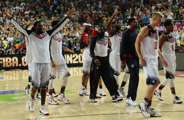 (140912) -- BARCELONA, -- Players of the United States celebrate after the semifinal match with Lithuania at the 2014 FIBA Basketball World Cup Spain in Barcelona Sept. 11, 2014. The United States won 96-68. Pau Barrena) (vf) (sp) (SP)SPAIN-BARCELONA-BASKETBALL-WORLD CUP-SEMIFINAL e PauxBarrena 