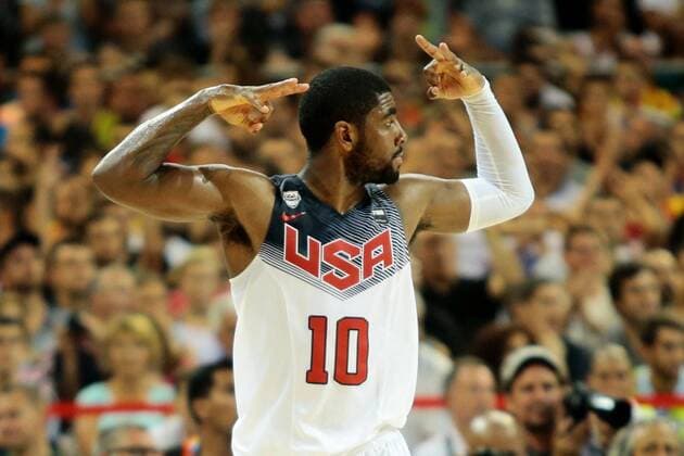 (140912) -- BARCELONA, -- Kyrie Irving of the United States celebrates during the semifinal match with Lithuania at the 2014 FIBA Basketball World Cup Spain in Barcelona Sept. 11, 2014. The United States won 96-68. Pau Barrena) (vf) (sp) (SP)SPAIN-BARCELONA-BASKETBALL-WORLD CUP-SEMIFINAL e PauxBarrena 
