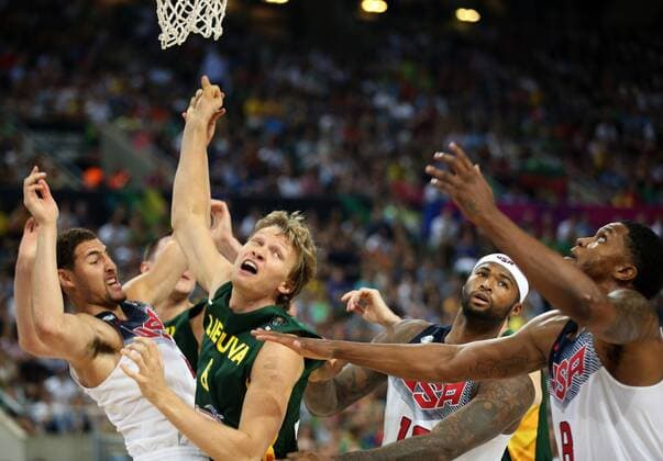 Barcelona, 11.09.2014 - WM 2014 - USA vs Litauen - DeMarcus Cousins, Rudy Gay and Mindaugas Kuzminskas - 