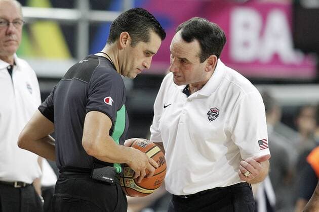 USA s coach Mike Krzyzewski have words with the referee during 2014 FIBA Basketball World Cup Semi-final match.September 11,2014.  (19089733)