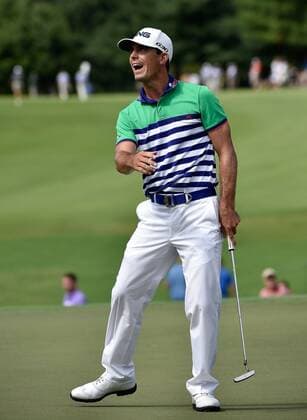 Billy Horschel reacts to a long birdie attempt that stops short on No. 7 where he saves par after laying up on his approach during the third round of the PGA Golf Herren Tour Championship at East Lake Golf Club on September 13, 2014, in Atlanta.  AJP2014091313