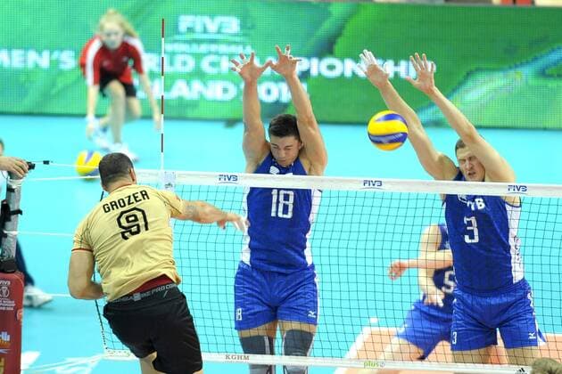 MS 2014 Germany vs Russia FIVB Volleyball Men s World Championship Poland 2014. Germany vs. Russia on September 13, 2014 in Katowice, Poland. In the picture: 9 Gyorgy Grozer 18 Pavel Moroz 3 Nikolay Apalikov  EN_01145166_0005