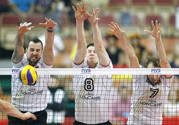 14.09.2014 - Katowice . Volleyball WM, Deutschland vs Kanada:. Georg Grozer (L), Marcus Böhme (C), Dirk Westphal (R).  140914WAN161