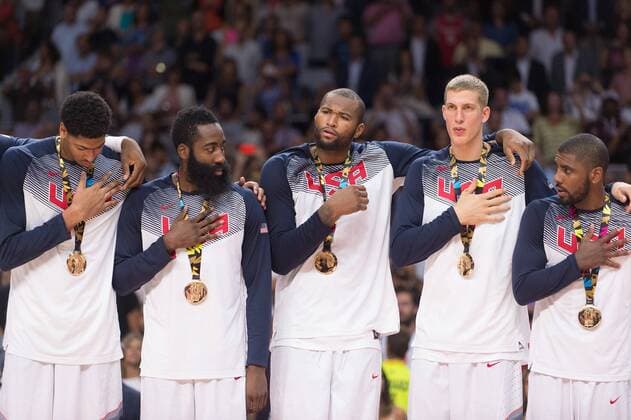 MADRID, ESPANA - 14 DE SEPTIEMBRE:Anthony Davis, James Harden, Mason Plumlee, DeMarcus Cousins y Kyrie Irving -- Finale Basketball WM 2014 - USA - Serbien -- (AitorxBouzo) 