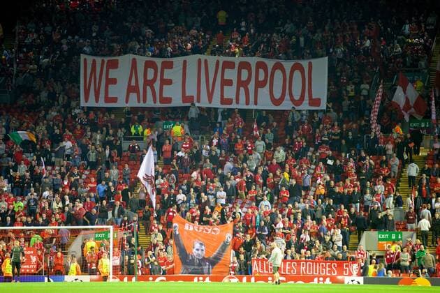 Champions League, Liverpool FC Liverpool fans on the Spion Kop with a banner We are Liverpool before the UEFA Champions League Group B match at Anfield. xHOCHxZWEIx xPropagandax 