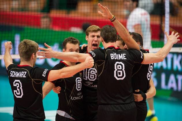 17.09.2014, Spodek, Kattowitz Volleyball, FIVB Volleyball Men s World Championship 2014, 3. Runde, Deutschland (GER) vs. Iran (IRI) Jubel Sebastian Schwarz ( 3 GER), Denis Kaliberda ( 6 GER), Max Günthör ( 16 GER), Marcus Böhme Boehme ( 8 GER), Lukas Kampa ( 11 GER), Georg György Grozer ( 9 GER)