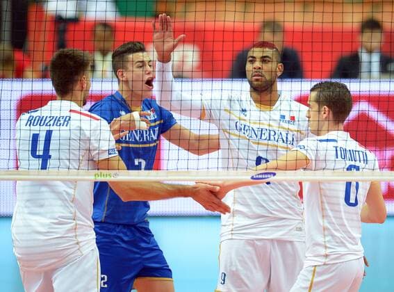 Kattowitz, Frankreich - Iran Jenia Grebennikov , Earvin Ngapeth , Jubel .  140918DAM056