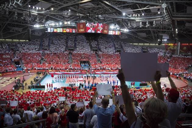 FIVB Volleyball Men s World Championship Poland 2014 on September 18.09.2014 in Lodz, Poland In the picture: Polish fans during national anthem ceremony at Atlasa Arena in Lodz  EN_01145942_0005
