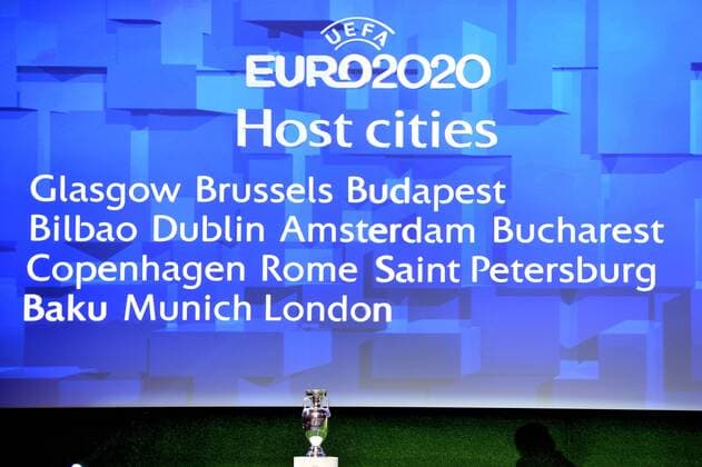 - GENEVA, SWITZERLAND: Illustration shows the names of the 13 host cities on a giant screen the announce of the thirteen countries who will organise the soccer European championship in 2020, on the day of the UEFA Host Announcement, in Geneva, Switzerland, Friday 19 September 2014. ERICxLALMAND  Aufmacher premiumd 19091418