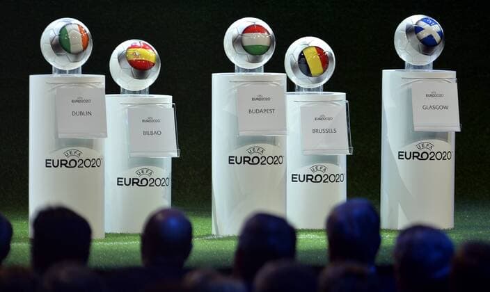 - GENEVA, SWITZERLAND: Illustration shows countries flags on balls at the announce of the thirteen countries who will organise the soccer European championship in 2020, on the day of the UEFA Host Announcement, in Geneva, Switzerland, Friday 19 September 2014. ERICxLALMAND  Aufmacher premiumd 19091419