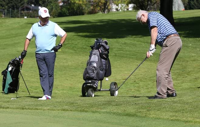 GOLF - Toni Sailer Golf Memorial KITZBUEHEL,AUSTRIA,19.SEP.14 - GOLF, ALPINE SKIING - Toni Sailer Golf Memorial, GC Kitzbuehel. Image shows Karl Reyer and Andreas Wenzel. 
