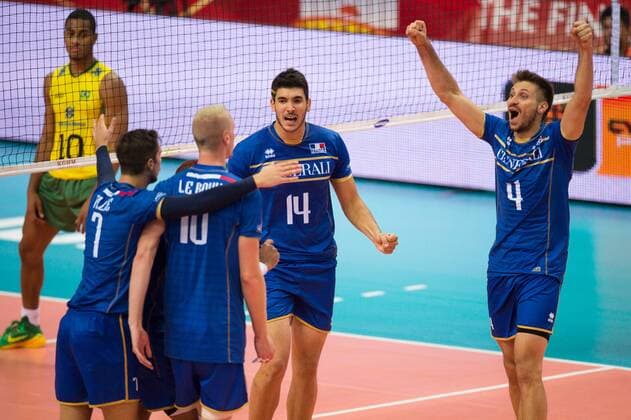 20.09.2014, Spodek, Kattowitz Volleyball, FIVB Volleyball Men s World Championship 2014, Halbfinale, Brasilien (BRA) vs. Frankreich (FRA) Jubel Kevin Tillie ( 7 FRA), Kevin Le Roux ( 10 FRA), Nicolas Le Goff ( 14 FRA), Antonin Rouzier ( 4 FRA)