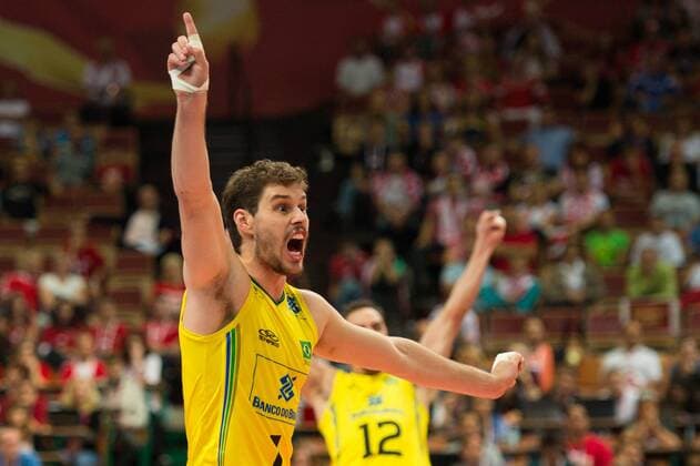 20.09.2014, Spodek, Kattowitz Volleyball, FIVB Volleyball Men s World Championship 2014, Halbfinale, Brasilien (BRA) vs. Frankreich (FRA) Jubel Bruno Rezende ( 1 BRA)