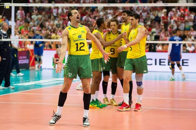 20.09.2014, Spodek, Kattowitz Volleyball, FIVB Volleyball Men s World Championship 2014, Halbfinale, Brasilien (BRA) vs. Frankreich (FRA) Jubel Luiz Felipe Marques Fonteles ( 12 BRA) nach dem Sieg