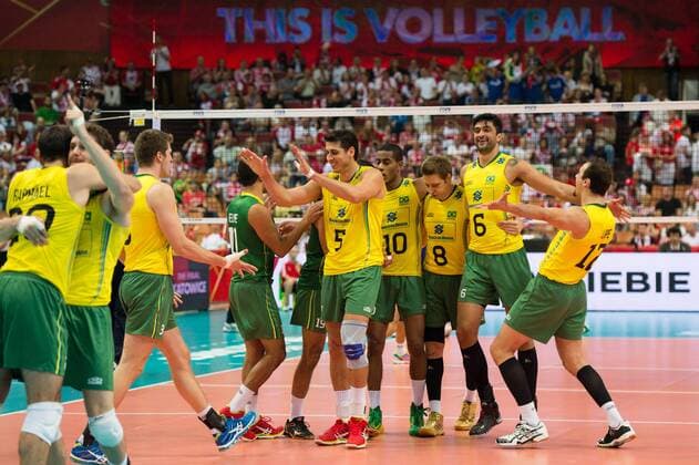 20.09.2014, Spodek, Kattowitz Volleyball, FIVB Volleyball Men s World Championship 2014, Halbfinale, Brasilien (BRA) vs. Frankreich (FRA) Jubel Brasilien nach dem Sieg
