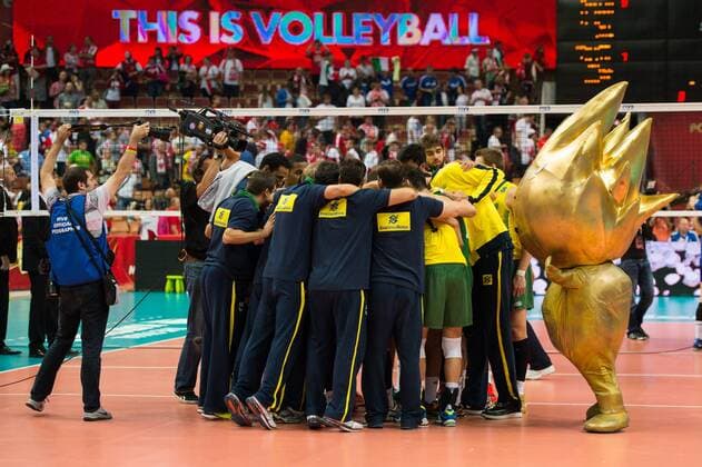 20.09.2014, Spodek, Kattowitz Volleyball, FIVB Volleyball Men s World Championship 2014, Halbfinale, Brasilien (BRA) vs. Frankreich (FRA) Jubel Brasilien nach dem Sieg