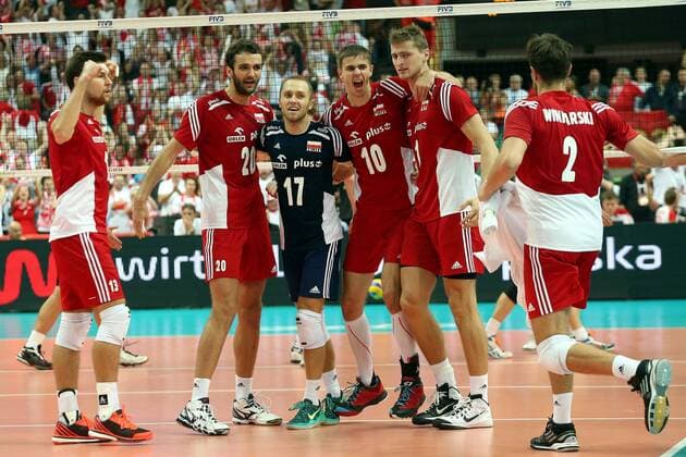 20.09.2014 KATOWICE , SPODEK 2014 - FIVB MEN S VOLLEYBALL WORLD CHAMPIONSHIP 2014 , SEMIFINAL - GERMANY - POLAND -- OD LEWEJ MICHAL KUBIAK , MATEUSZ MIKA , PAWEL ZATORSKI , MARIUSZ WLAZLY , PIOTR NOWAKOWSKI , MICHAL WINIARSKI --  20140920CSJP3036